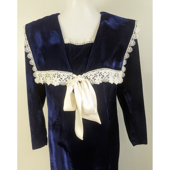 Vtg Gunne Sax Blue Velvet Dress Drop Waist Sailor Collar Lace Edwardian 4 6 USA - Picture 4 of 12